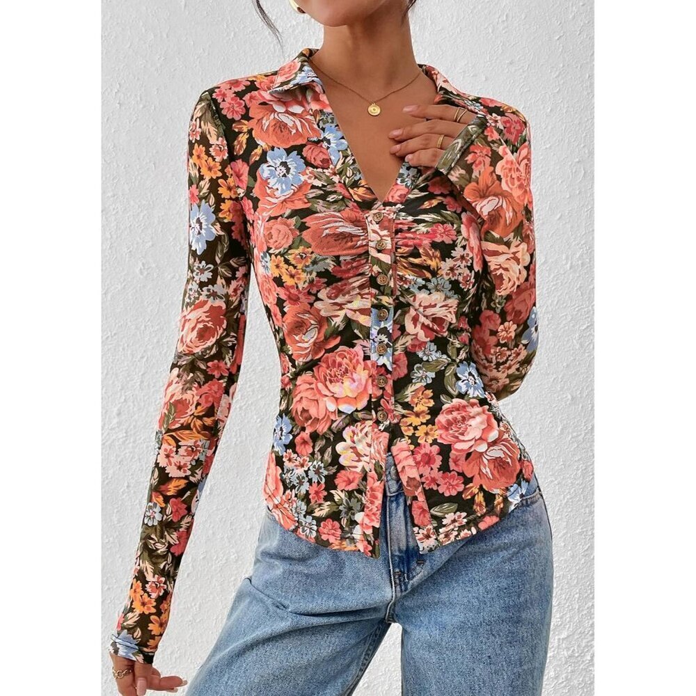 Women Black Floral Button Down Floral Shirt Trendy Long Sleeve V Neck Blouse Top - Picture 6 of 8